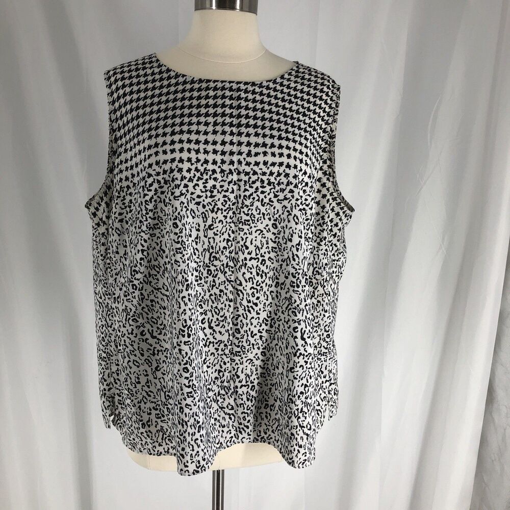 Women's Talbots Sleeveless Blouse 2X Black White Houndstooth Leopard Print